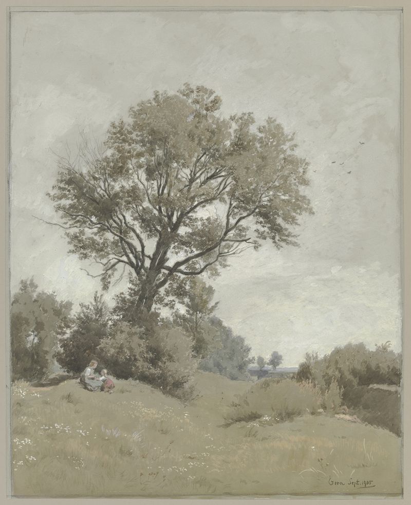 Mother and child sitting on grass, oil painting by Philipp Röth