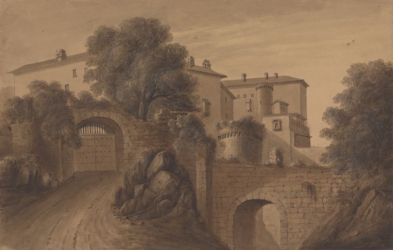 Óleo sobre tela de Isaac Weld mostrando uma figura solitária olhando para um castelo distante em uma paisagem assombrosa.