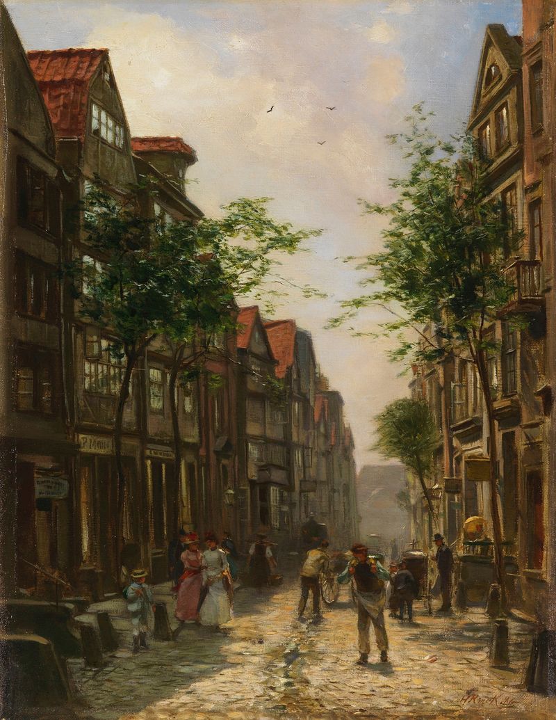 Altstadtgasse (Hamburgo) de Hermann Rieck, representando una calle adoquinada y edificios históricos.