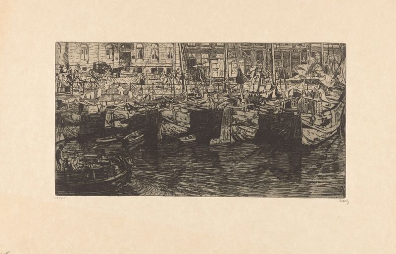 Oil painting by Pieter Dupont depicting boats in the Damrak, Amsterdam, with golden light reflecting on the water.