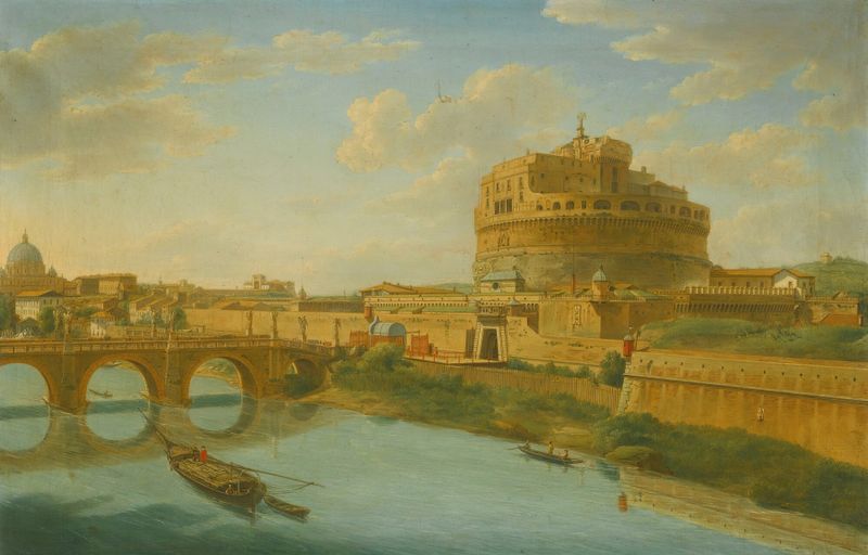 Landscape of the Tiber River with Castel Sant’ Angelo and Saint Peter’s Basilica by Hendrik Frans Van Lint, oil painting