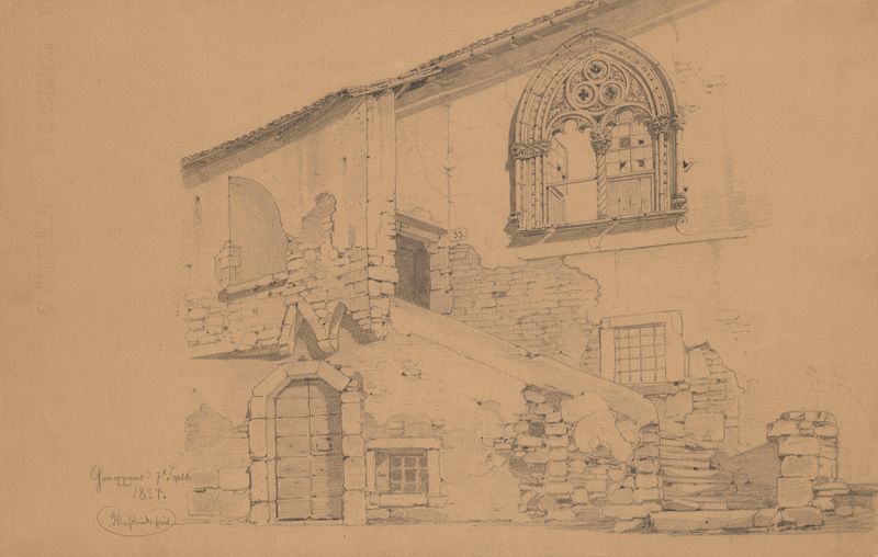 Acuarela de Arthur Blaschnik que representa un edificio medieval en Genazzano con una ventana decorada.