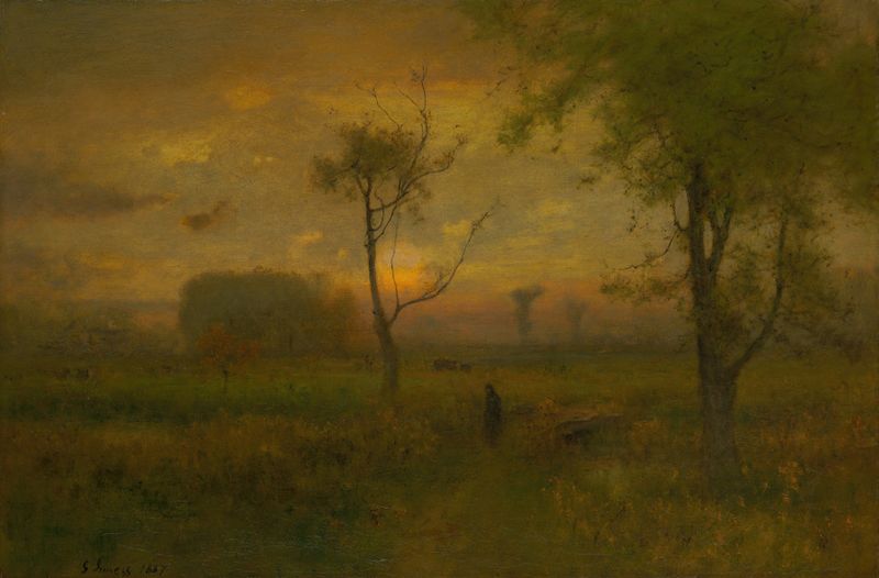 Sunrise de George Inness, medio de plomo, que representa un paisaje tranquilo con luz cálida.