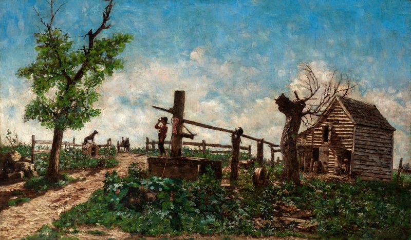 Paisaje de una casa de campo con luz filtrándose a través de los árboles, pintura al óleo de Joseph Decker
