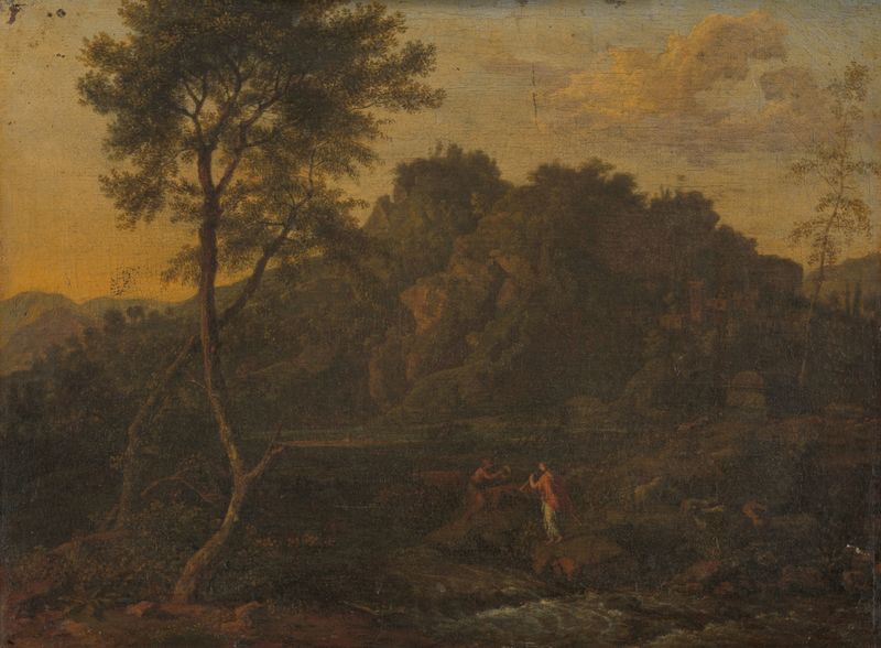 Nymph and Shepherd Making Music in a Landscape, oil painting by Abraham Genoels II