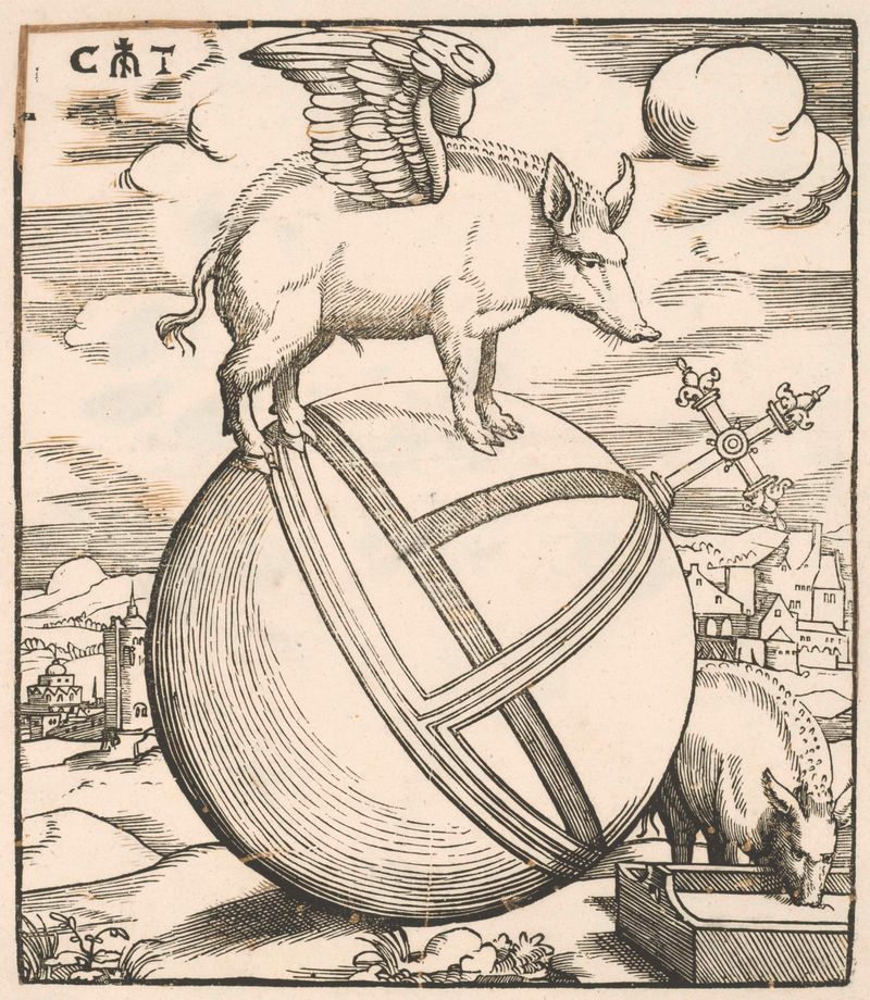 Cerdo alado en un paisaje, óleo sobre panel de Cornelis Anthonisz