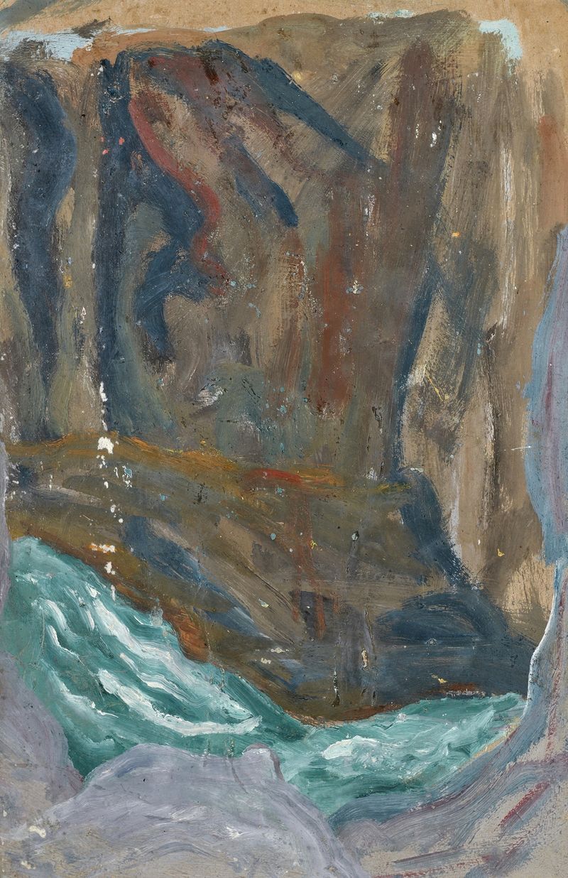 Escena marina con olas turbulentas y rocas, óleo sobre lienzo de Ernst Schiess