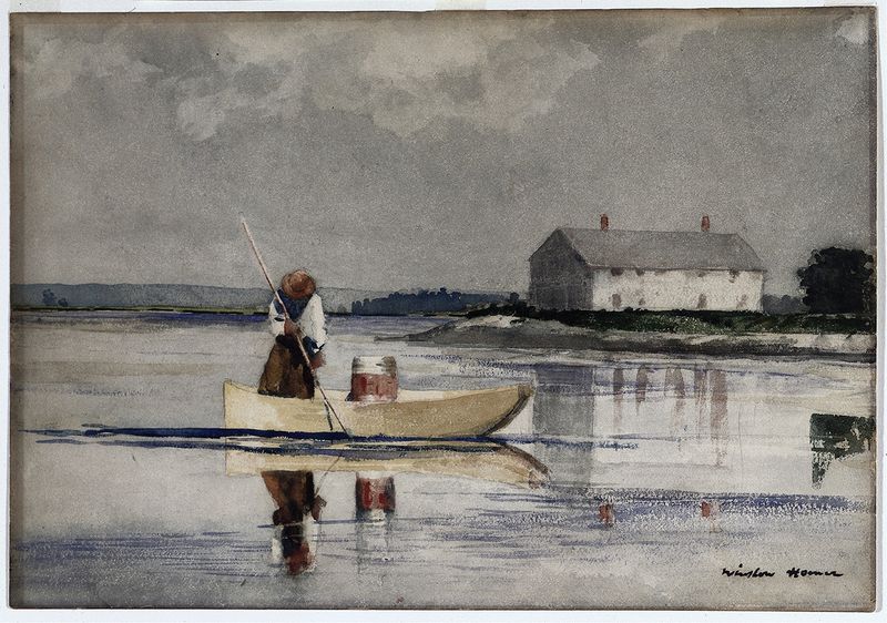 Pintura al óleo de Winslow Homer que representa a una figura en un bote pescando en aguas tranquilas.