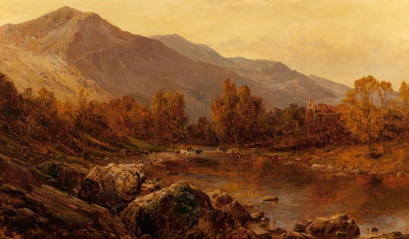 Paisaje de El Vale de Llangollen de Alfred de Bréanski, óleo sobre lienzo