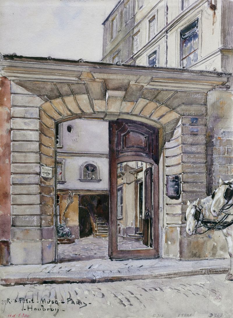 Escena arquitectónica con luz solar en una fachada de Frédéric Houbron, pintura al óleo