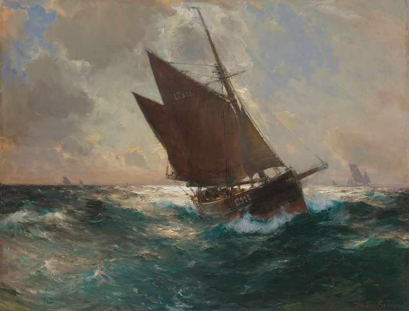The Lowestoft Boat, off Cornwall de Franz Müller-Gossen, pintura a óleo que retrata um barco em um mar tempestuoso.
