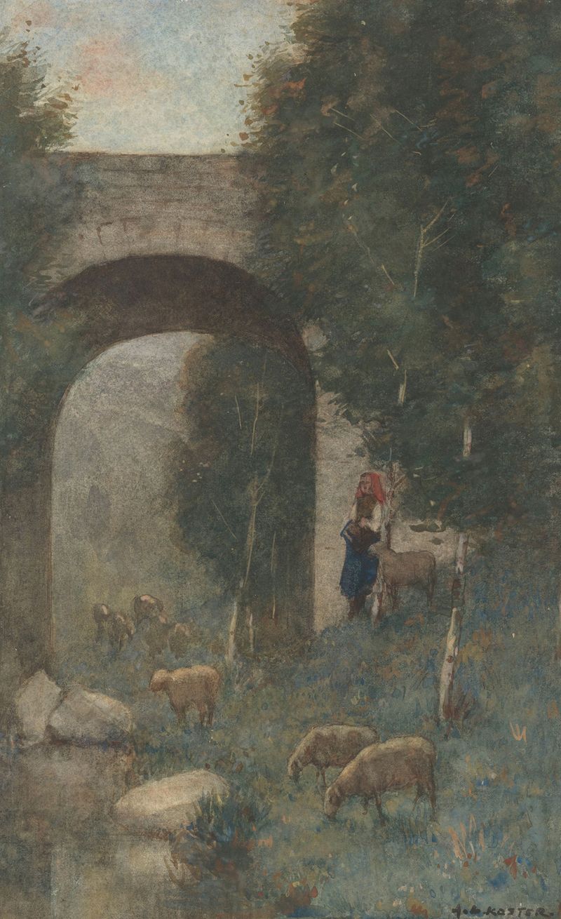 Genre scene depicting a shepherdess with sheep near a viaduct, oil painting by Anton L. Koster