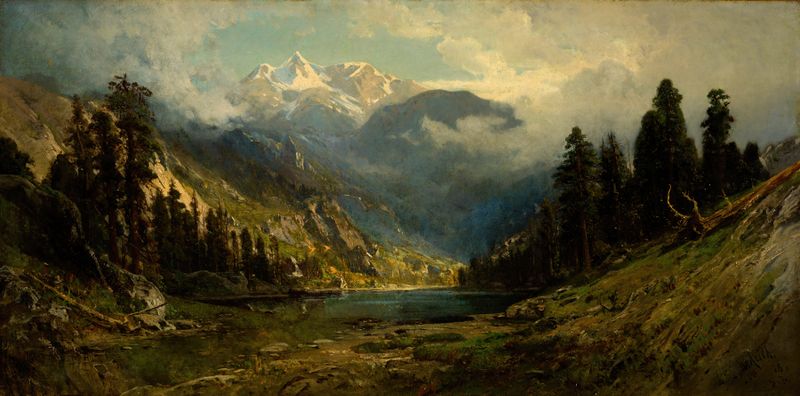 California Pines de William Keith, óleo sobre lienzo que representa altos pinos contra un cielo que se desvanece