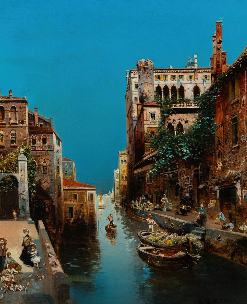 Tarde ensolarada ao longo de um canal movimentado, Veneza, óleo sobre tela de Robert Alott