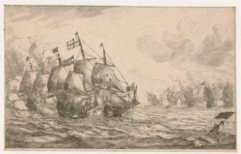 Grabado de Reinier Nooms que representa barcos en las olas