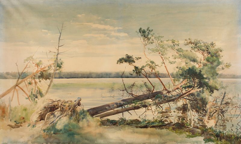 Serene lake landscape with reflections and trees, oil on canvas by Julian Falat