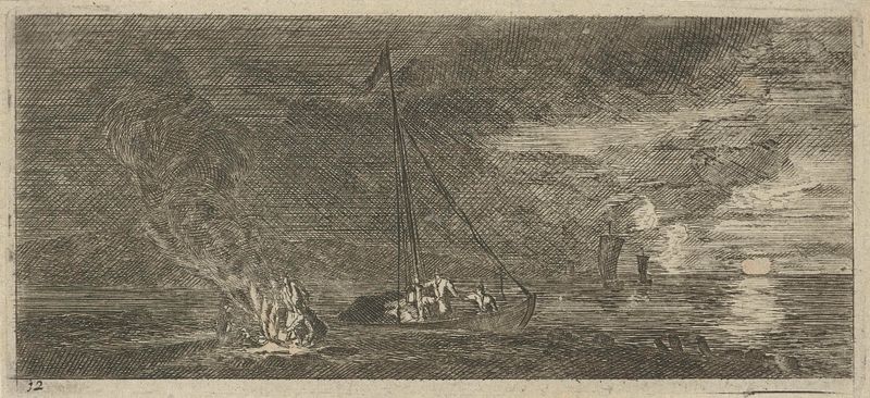 Zeegezicht bij nacht, gravura de Reinier Nooms mostrando barcos em água iluminada pela lua