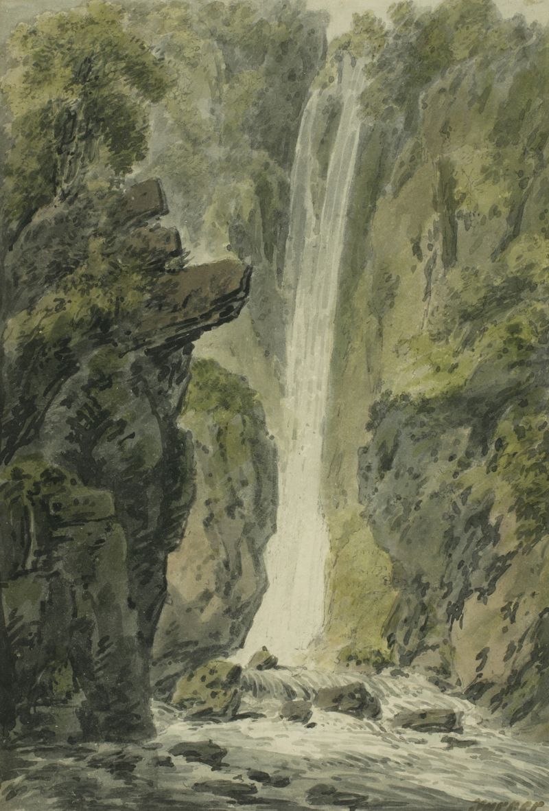 Waterfall by Edward Dayes, watercolor on paper, depicting cascading water and lush foliage.