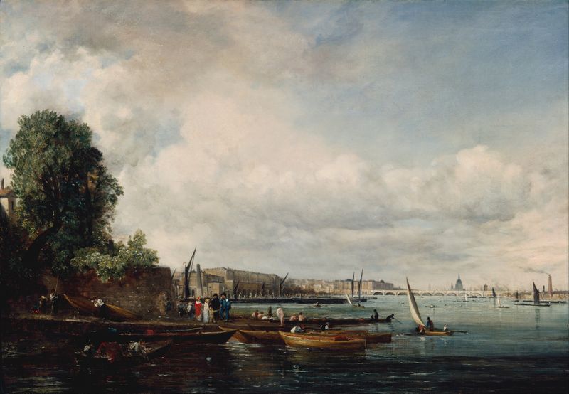 Pintura al óleo de Waterloo Bridge de John Constable, con un río sereno y nubes suaves.