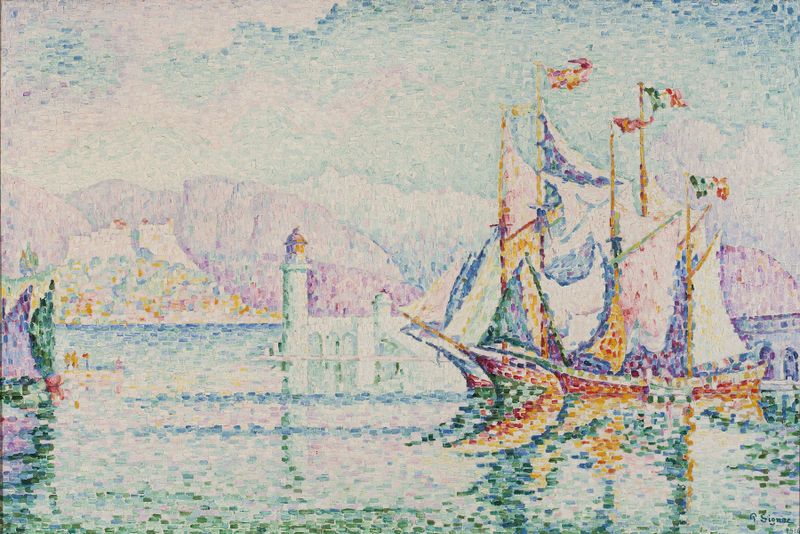 Escena marina al amanecer, pintura al óleo de Paul Signac