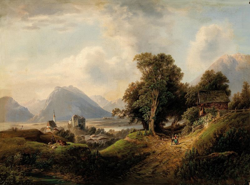 Shepherds Resting de Franz Barbarini, óleo sobre tela que retrata dois pastores descansando em uma paisagem iluminada pelo...