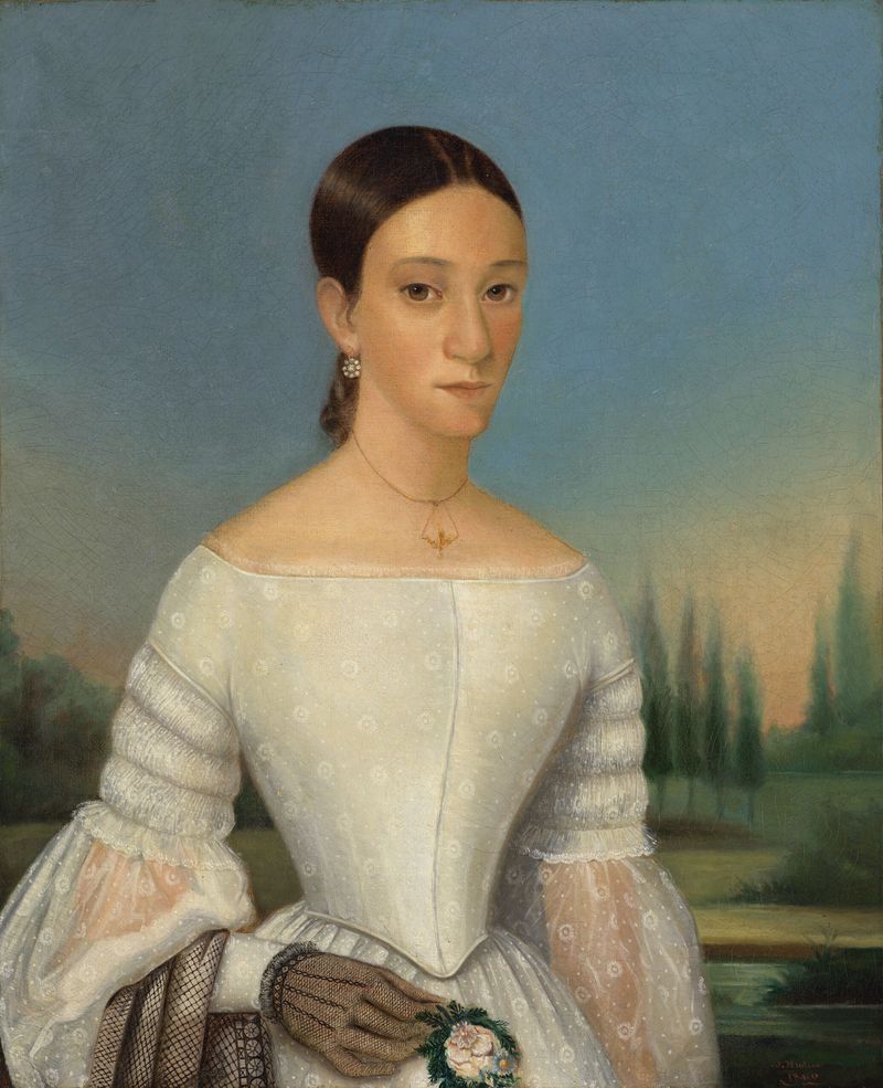 Retrato de uma jovem em vestido branco, pintura a óleo de Julien Hudson