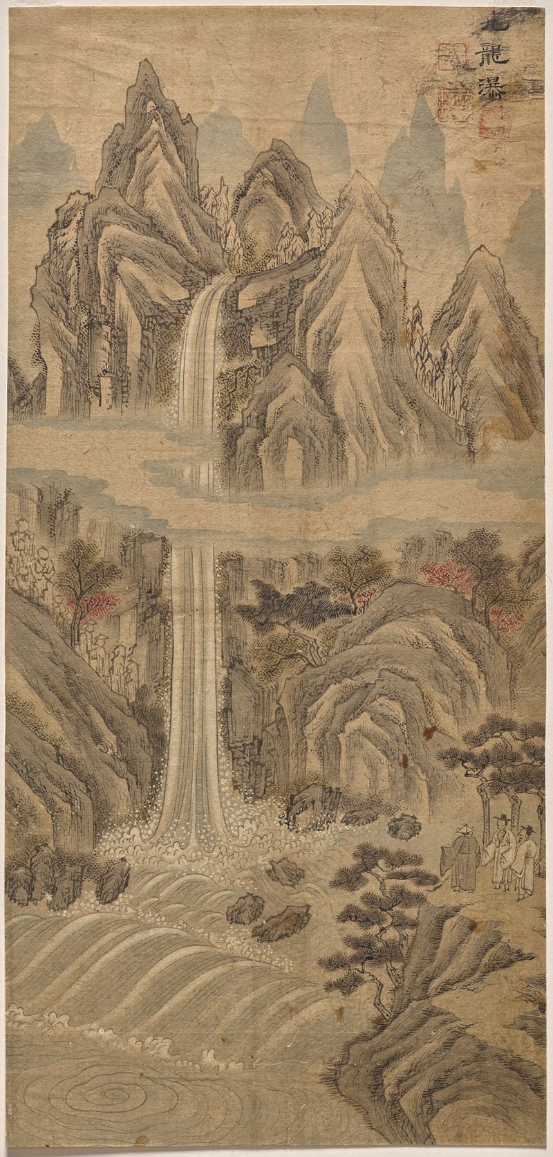 Nine-Dragon Falls de Han Unpyeong, tinta sobre papel, retratando dragões em uma cachoeira e névoa.