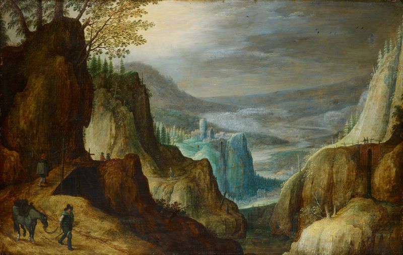Fantastic Mountainous Landscape by Tobias Verhaecht, oil on canvas depicting jagged peaks and a turbulent sky