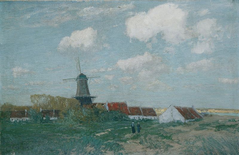 Dorf auf der Düne, óleo sobre lienzo de Alfred Zoff, que representa un pueblo en una duna bajo un cielo pálido.