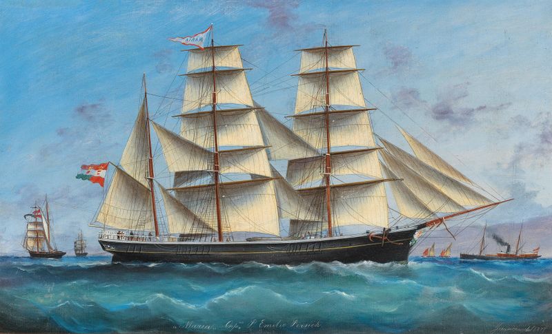 Oil on canvas by Basilio Ivankovic depicting the barque MARIA sailing under full sails.