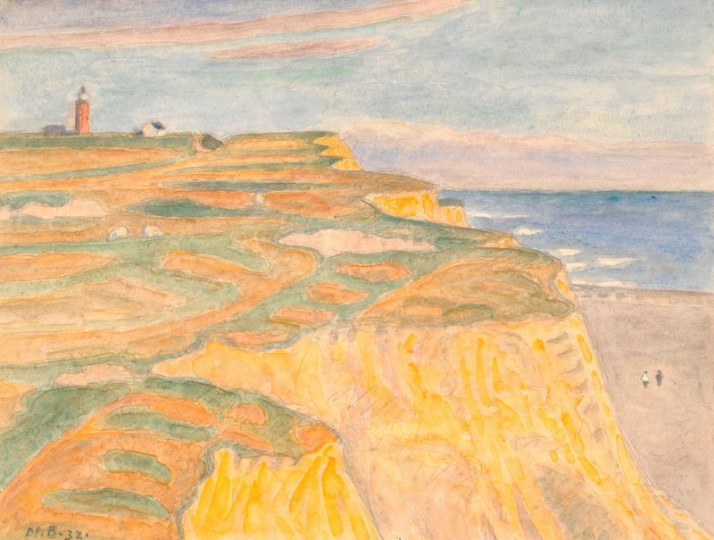 Oil painting by Niels Bjerre depicting ochre cliffs and turbulent sea.