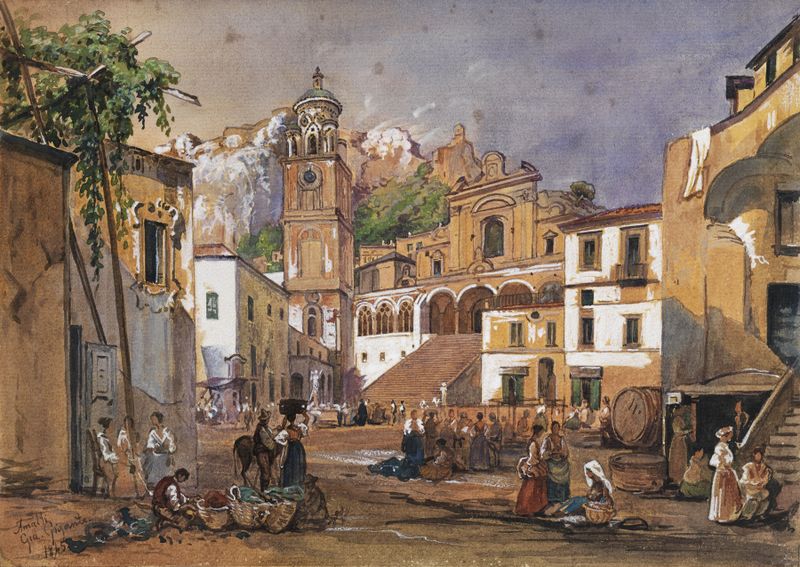 Cena de gênero representando um mercado em Amalfi por Giacinto Gigante, pintura a óleo