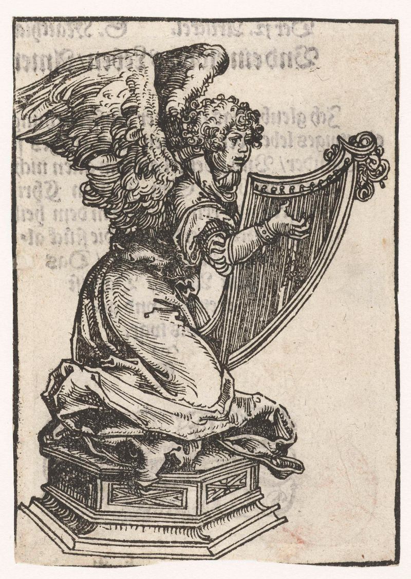 Desenho religioso de um anjo de joelhos com uma harpa de Lucas Cranach, papel