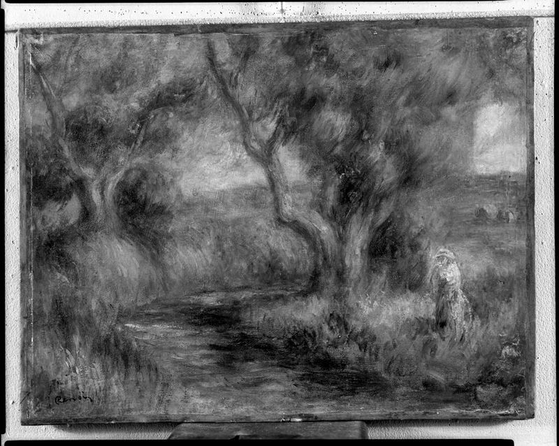Landscape near Menton de Pierre-Auguste Renoir, óleo sobre lienzo que muestra vegetación exuberante y un cielo pastel.