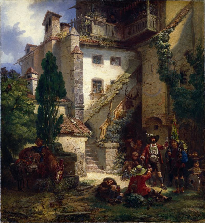 Genre scene depicting marksmen in Merano, oil painting by Johan Christoffer Boklund