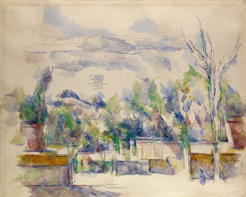 The Terrace at the Garden at Les Lauves by Paul Cezanne, oil painting of a figure on a terrace.