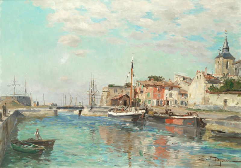 Le port by Edmond-Marie Petitjean, oil on canvas, depicts a harbor with fishing boats and pastel sky.