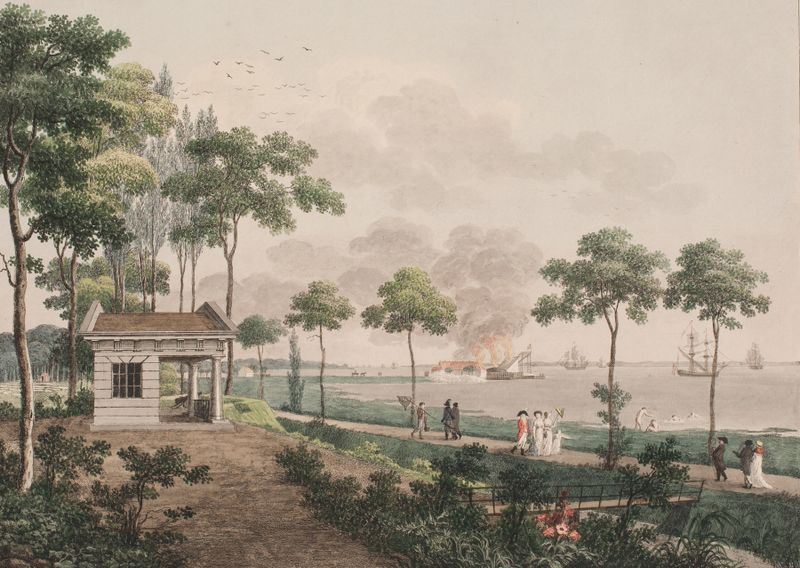 Pintura a óleo de paisagem de Søren L. Lange retratando uma promenade pública perto de Østerport.