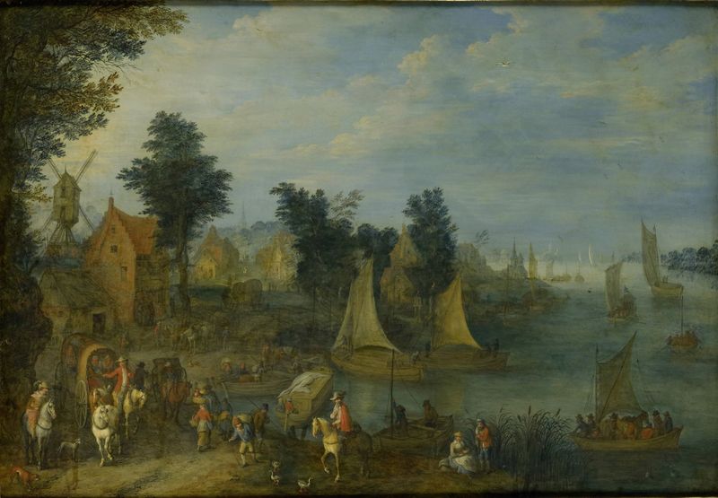 Village on the Bank of a River, oil on canvas by Joseph van Bredael, depicting a tranquil riverside scene.
