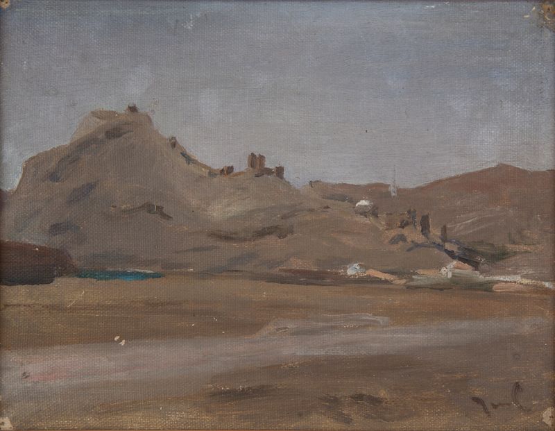 Paisagem com ruínas e céu turbulento, pintura a óleo de Jan Ciągliński