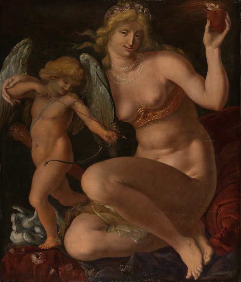 Venus and Amor, oil on panel by Jacques de Gheyn II, depicting the goddess with her child companion.