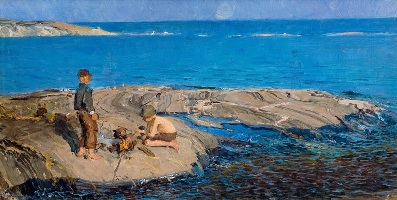 Boys on a Skerry, oil on canvas by Venny Soldan-Brofeldt, depicting children on a rocky shoreline.