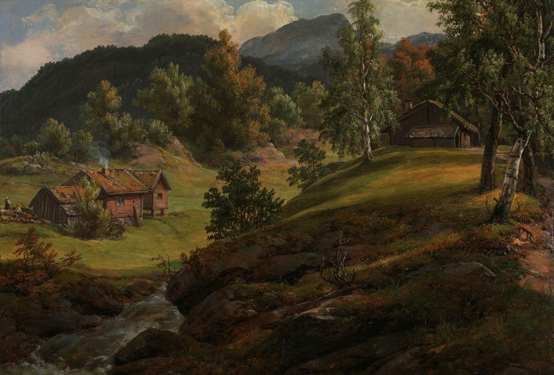 Farm at Lysekloster de Johan Christian Dahl, óleo sobre lienzo que representa un paisaje rural tranquilo.