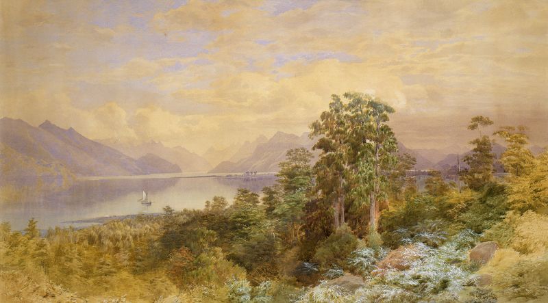 Lake Te Anau de John Gully, óleo sobre lienzo, que representa aguas tranquilas y montañas.
