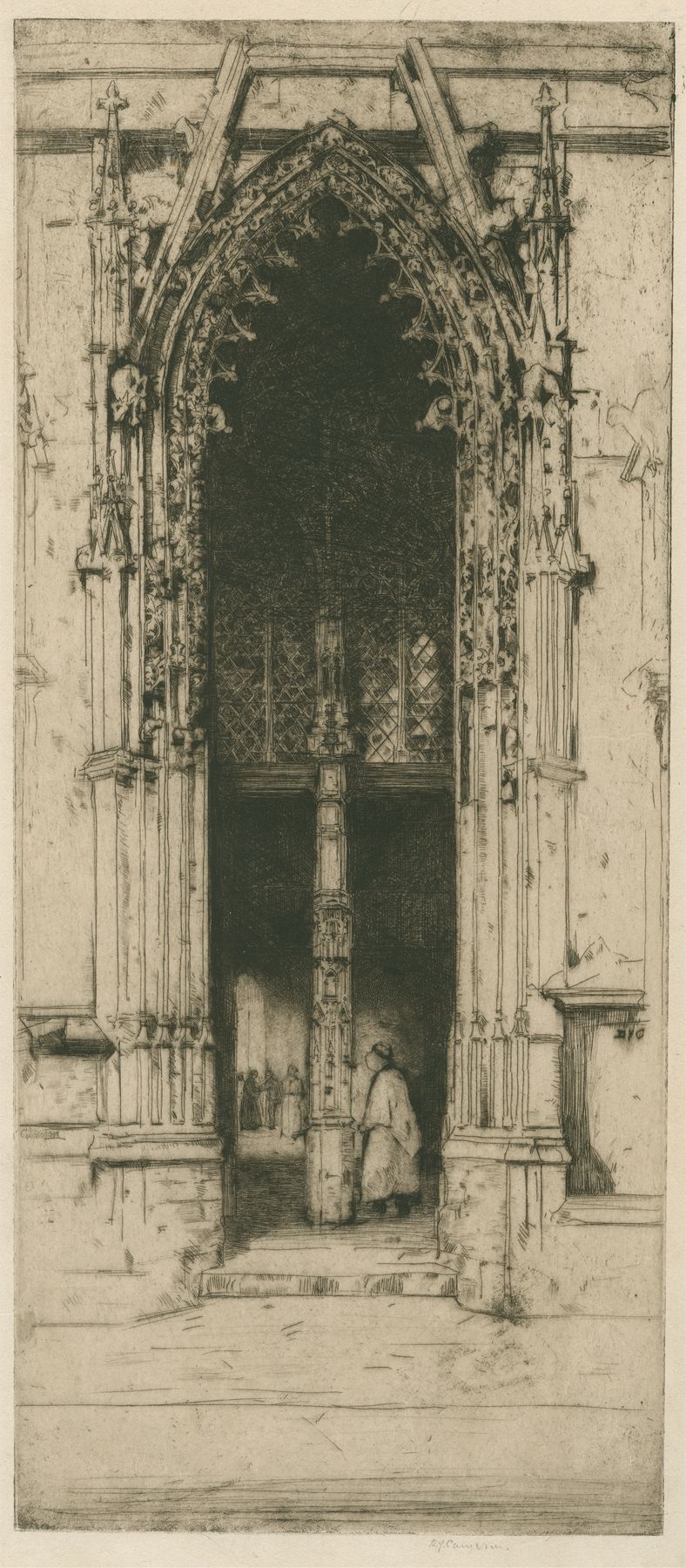 The North Porch, Harfleur, grabado de David Young Cameron, con intrincados trabajos en piedra y arco.
