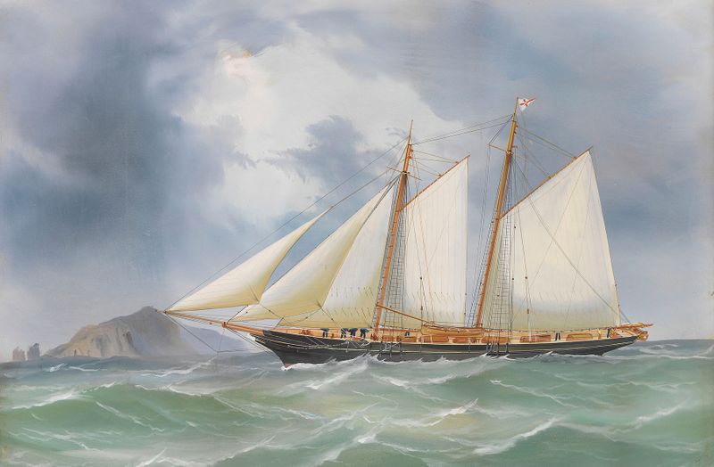 Englische Schoneryacht vor der Felsenküste von Capri, óleo sobre tela de Antonio De Simone