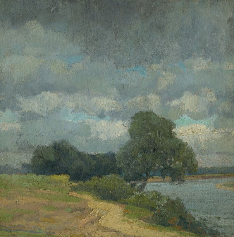 Pintura de paisagem a óleo de Ľudovít Čordák com colinas e luz suave