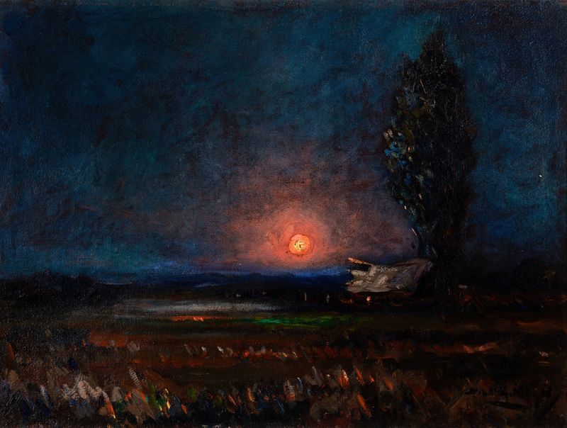 Pintura a óleo de Romanticismo por Stephen Robert Koekkoek retratando uma paisagem de pôr do sol com cores vibrantes