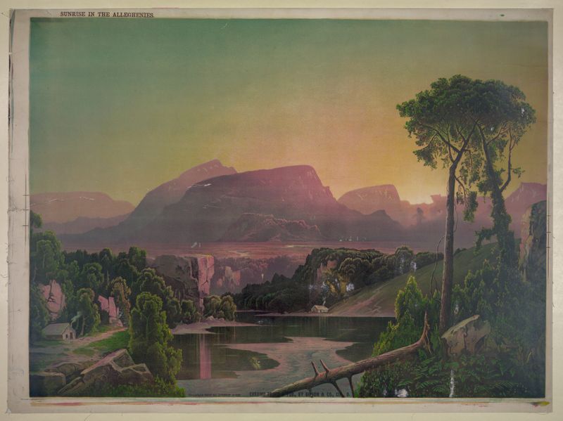 Sunrise in the Alleghenies lithograph by Gibson & Co. Lith showing dawn over mountains