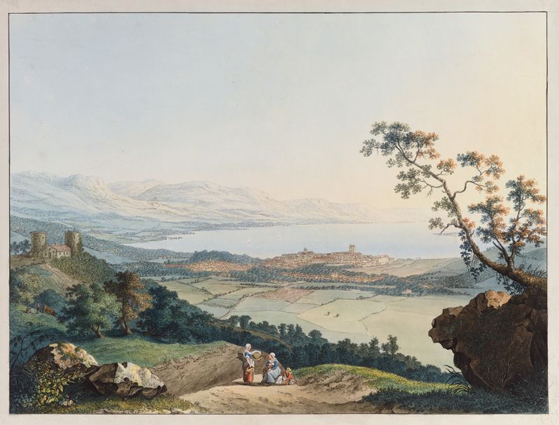 Landscape view of Geneva with the Alps, oil painting by Carl Ludwig Hackert